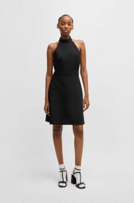 Mock-neck dress in stretch fabric, Black
