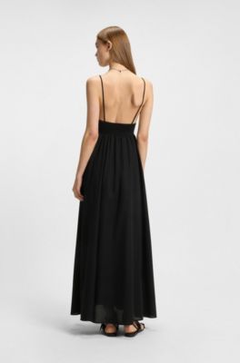 Vestido maxi de tirantes en algod&oacute;n ligero con ribete fruncido, Negro