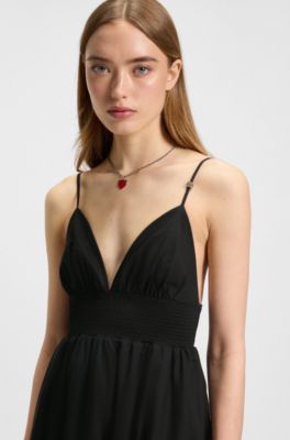 Vestido maxi de tirantes en algod&oacute;n ligero con ribete fruncido, Negro