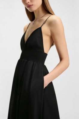 Vestido maxi de tirantes en algod&oacute;n ligero con ribete fruncido, Negro
