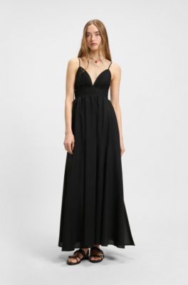 Vestido maxi de tirantes en algod&oacute;n ligero con ribete fruncido, Negro