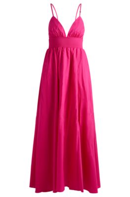 Vestido maxi de tirantes en algod&oacute;n ligero con ribete fruncido, Pink