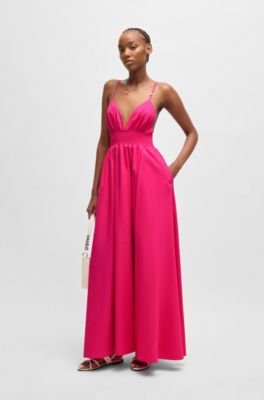 Vestido maxi de tirantes en algod&oacute;n ligero con ribete fruncido, Pink