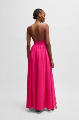 Vestido maxi de tirantes en algod&oacute;n ligero con ribete fruncido, Pink