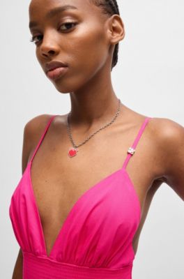 Vestido maxi de tirantes en algod&oacute;n ligero con ribete fruncido, Pink