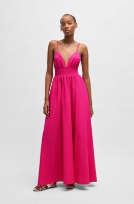 Vestido maxi de tirantes en algod&oacute;n ligero con ribete fruncido, Pink