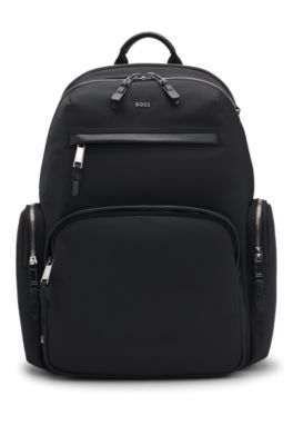 Multi-pocket backpack with leather trim, Black
