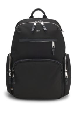 Multi-pocket backpack with leather trim, Black