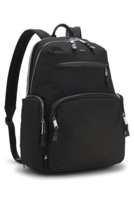 Mochila con varios bolsillos y apliques de piel, Negro