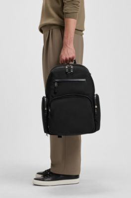 Multi-pocket backpack with leather trim, Black