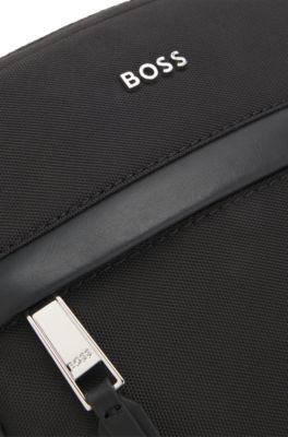 Bolso mensajero con apliques de piel, Negro