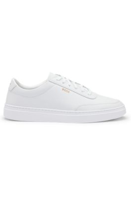 Coated-leather trainers with gold-tone logo, White