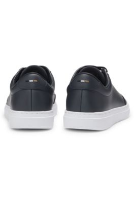 Coated-leather trainers with gold-tone logo, Dark Blue