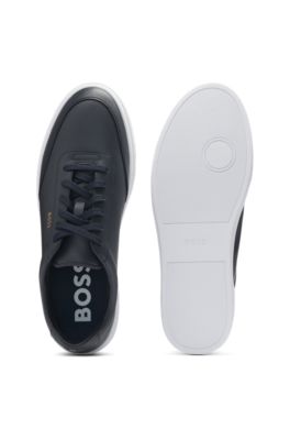 Coated-leather trainers with gold-tone logo, Dark Blue