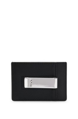 Grained faux-leather card holder with money clip, Black