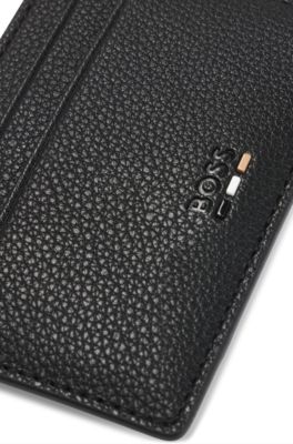 Grained faux-leather card holder with money clip, Black