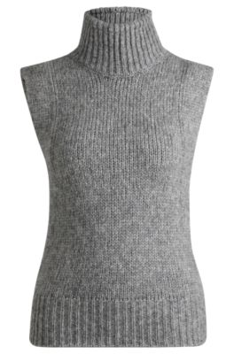 Hugo Boss Sleeveless Knitted Top With Mock Neckline In Light Grey