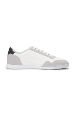 Mixed-material lace-up trainers with suede trims, White