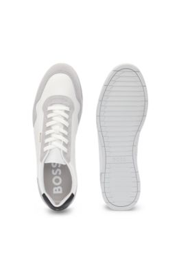 Mixed-material lace-up trainers with suede trims, White