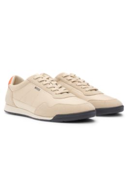 Mixed-material lace-up trainers with suede trims, Beige