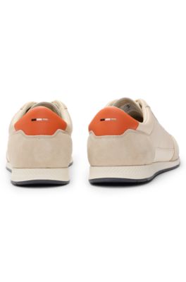 Mixed-material lace-up trainers with suede trims, Beige