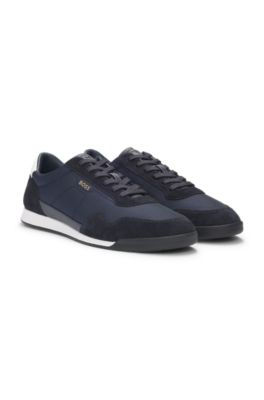 Mixed-material lace-up trainers with suede trims, Dark Blue