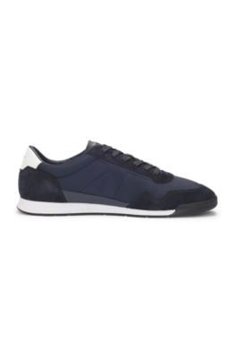 Mixed-material lace-up trainers with suede trims, Dark Blue