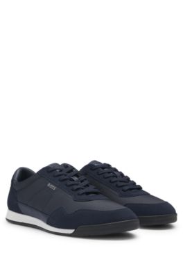 Mixed-material lace-up trainers with suede trims, Dark Blue