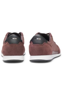Mixed-material lace-up trainers with suede trims, Dark Red