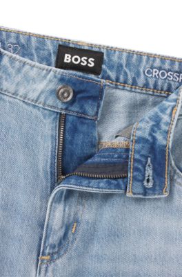 Wide-leg jeans in blue denim with stepped hem, Dark Blue