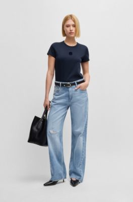 Wide-leg jeans in blue denim with stepped hem, Dark Blue