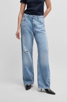 Wide-leg jeans in blue denim with stepped hem, Dark Blue
