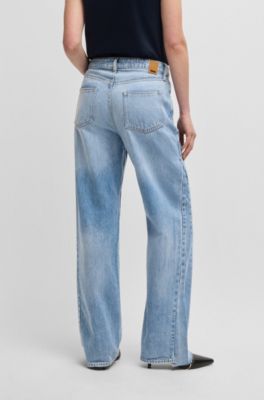 Wide-leg jeans in blue denim with stepped hem, Dark Blue