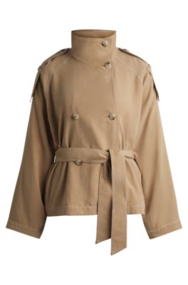 Belted jacket with stand collar and contrast stitching, Light Beige