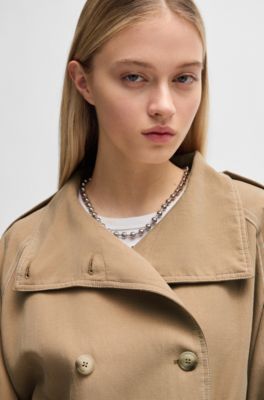 Belted jacket with stand collar and contrast stitching, Light Beige