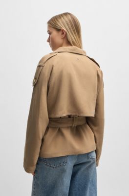 Belted jacket with stand collar and contrast stitching, Light Beige