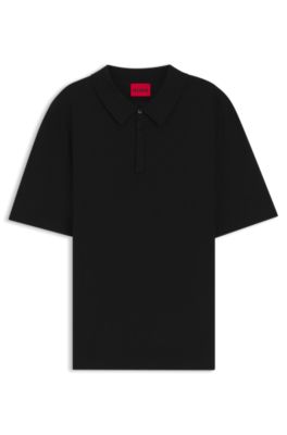 Knit polo sweater with covered placket, Black