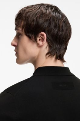 Knit polo sweater with covered placket, Black