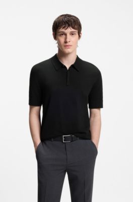 Knit polo sweater with covered placket, Black