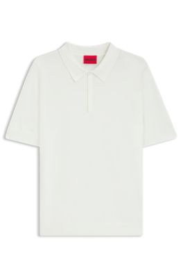 Knit polo sweater with covered placket, White