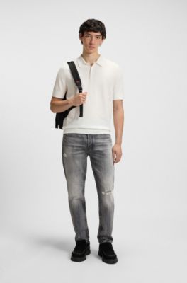 Knit polo sweater with covered placket, White