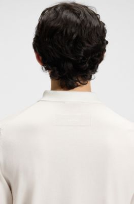 Knit polo sweater with covered placket, White