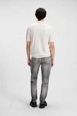 Knit polo sweater with covered placket, White