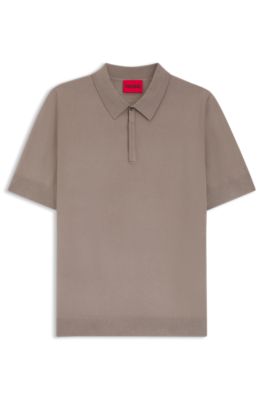 Knit polo sweater with covered placket, Light Brown