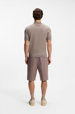 Knit polo sweater with covered placket, Light Brown