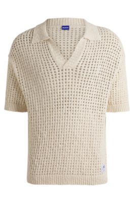 Crochet knit polo in cotton with Johnny collar, White