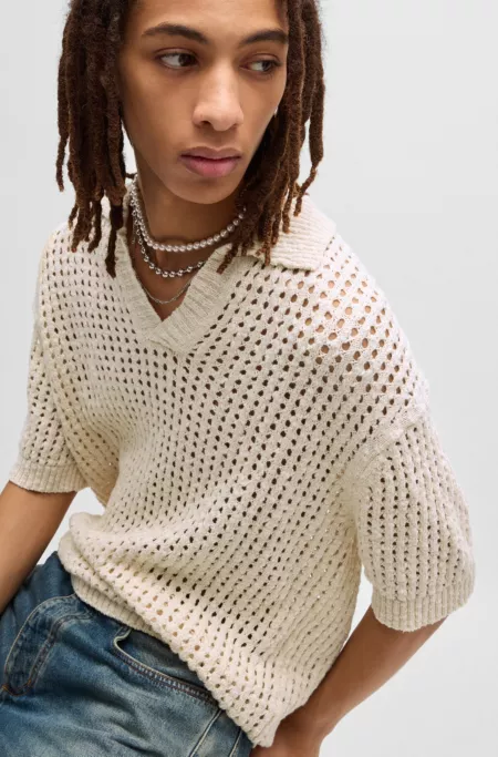 Crochet knit polo in cotton with Johnny collar