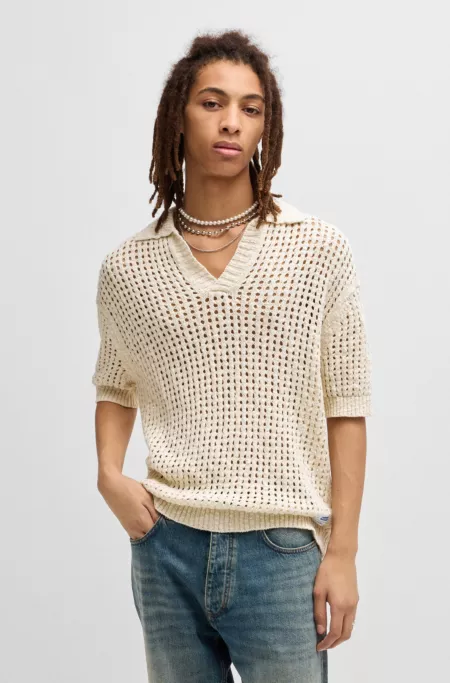 Crochet knit polo in cotton with Johnny collar