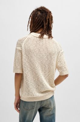 Crochet knit polo in cotton with Johnny collar, White