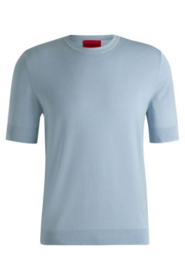 【送料&関税込】Hugo Boss Short Sleeve Sweater HUGO - Slim-fit knitted sweater with short sleeves - Light Blue